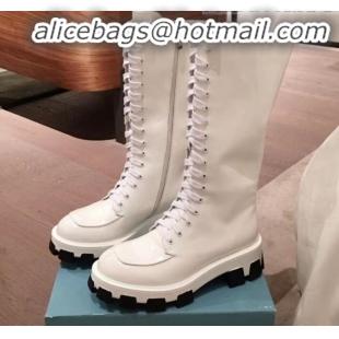 Best Quality Prada Patent Leather Lace-up High Boots P01242 White