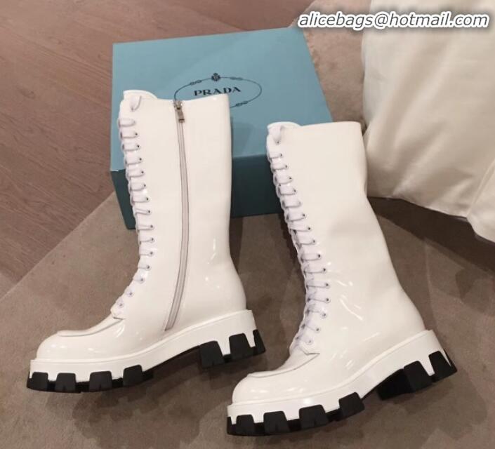 Best Quality Prada Patent Leather Lace-up High Boots P01242 White