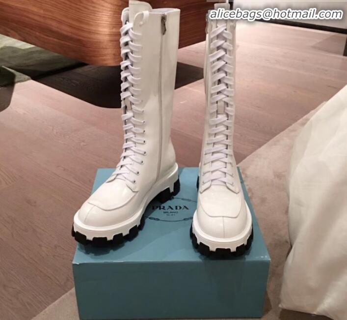 Best Quality Prada Patent Leather Lace-up High Boots P01242 White