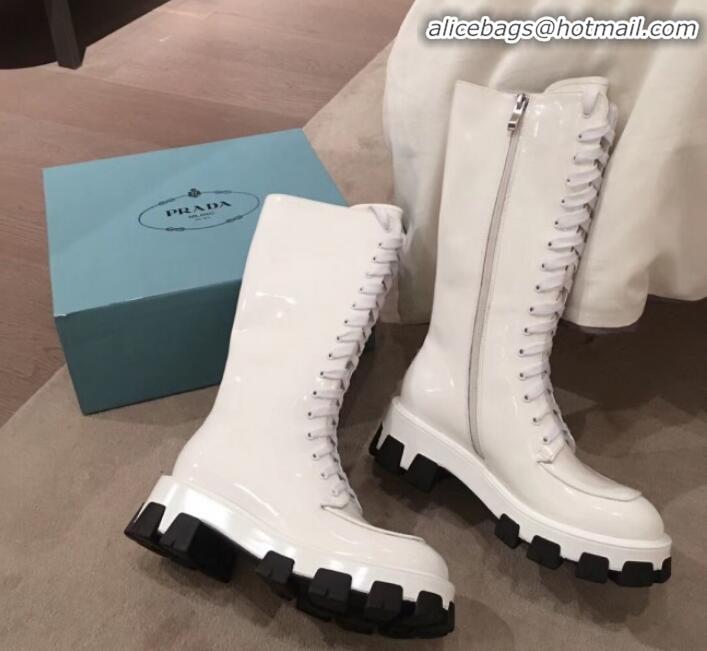 Best Quality Prada Patent Leather Lace-up High Boots P01242 White