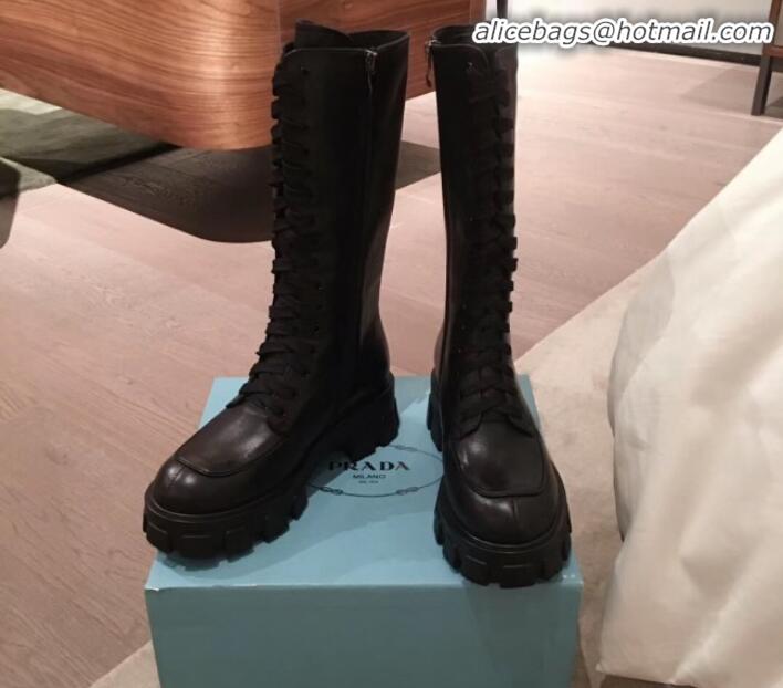 Low Price Prada Patent Leather Lace-up High Boots P01242 All Black