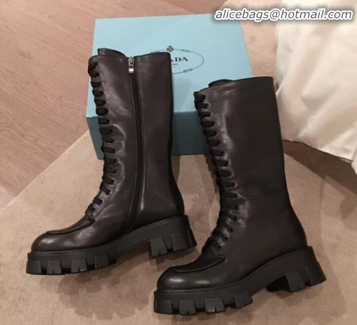 Low Price Prada Patent Leather Lace-up High Boots P01242 All Black