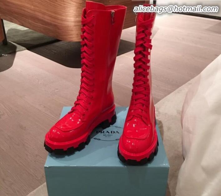 Best Product Prada Patent Leather Lace-up High Boots P01242 Red