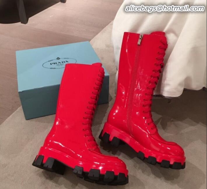 Best Product Prada Patent Leather Lace-up High Boots P01242 Red