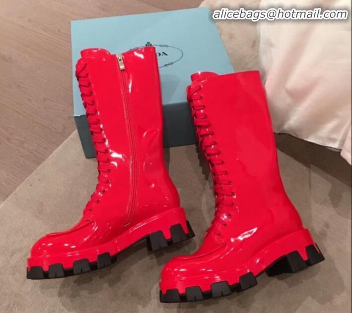 Best Product Prada Patent Leather Lace-up High Boots P01242 Red