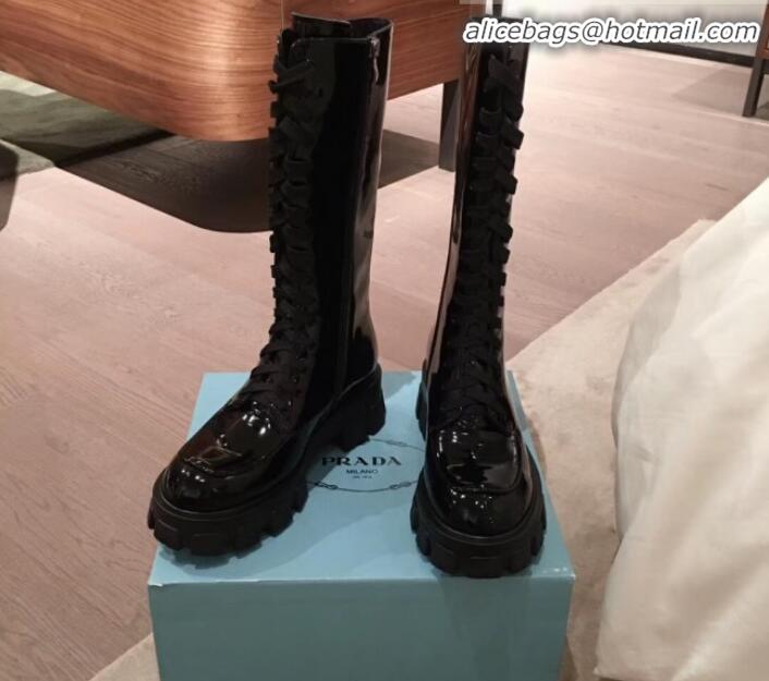 Good Taste Prada Patent Leather Lace-up High Boots P01242 Black