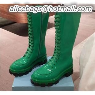 Perfect Prada Patent Leather Lace-up High Boots P01242 Green