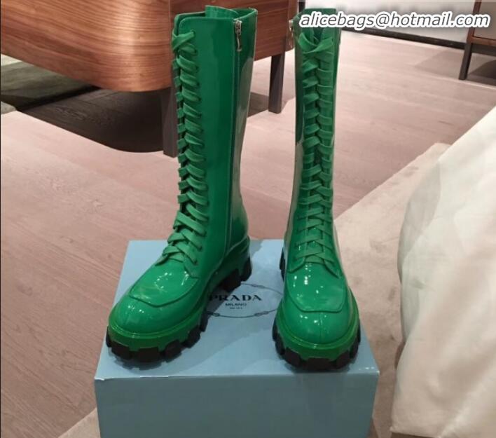 Perfect Prada Patent Leather Lace-up High Boots P01242 Green