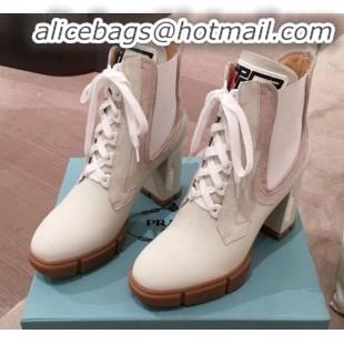 Best Luxury Prada Contrasting Leather Lace-up High-Heel Short Boots P01247 White/Nude