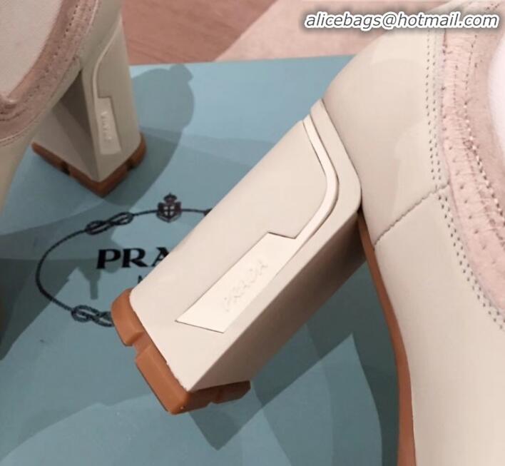 Best Luxury Prada Contrasting Leather Lace-up High-Heel Short Boots P01247 White/Nude