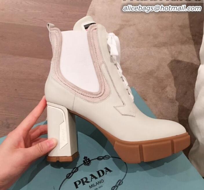 Best Luxury Prada Contrasting Leather Lace-up High-Heel Short Boots P01247 White/Nude