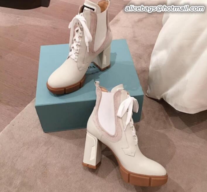 Best Luxury Prada Contrasting Leather Lace-up High-Heel Short Boots P01247 White/Nude