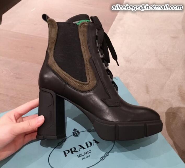 Feminine Prada Contrasting Leather Lace-up High-Heel Short Boots P01247 Black/Grey