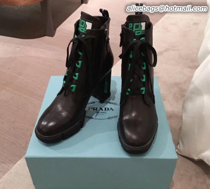 Top Quality Prada Contrasting Leather Lace-up High-Heel Short Boots P01247 Black/Green