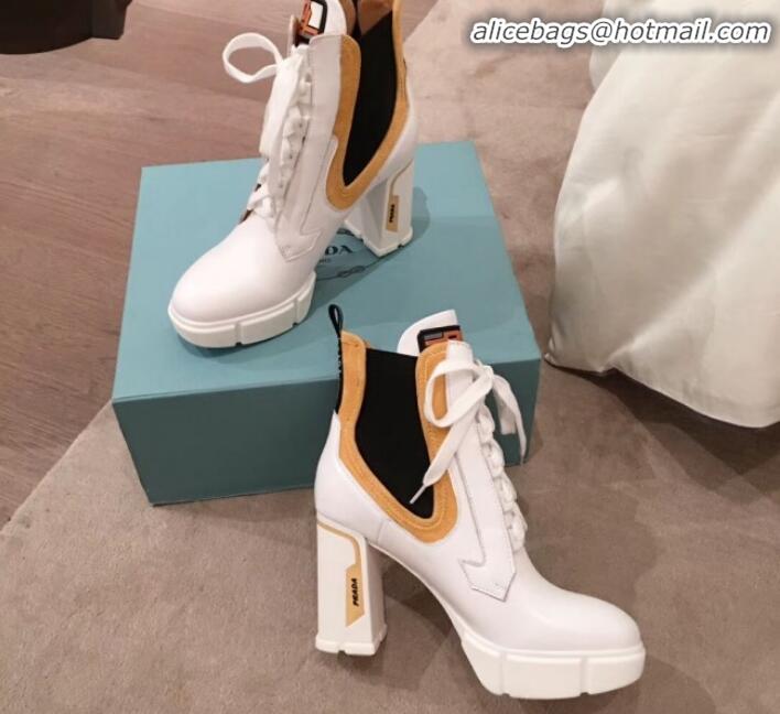 Good Product Prada Contrasting Leather Lace-up High-Heel Short Boots P01251 White/Yellow