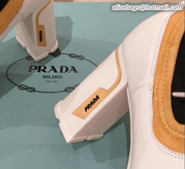 Good Product Prada Contrasting Leather Lace-up High-Heel Short Boots P01251 White/Yellow