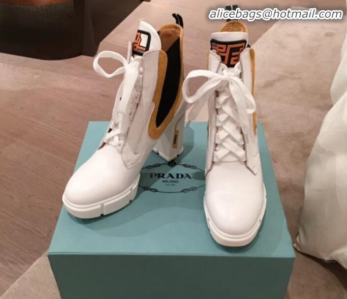 Good Product Prada Contrasting Leather Lace-up High-Heel Short Boots P01251 White/Yellow