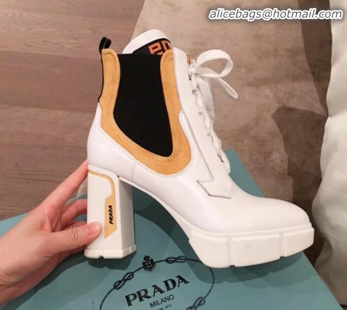 Good Product Prada Contrasting Leather Lace-up High-Heel Short Boots P01251 White/Yellow