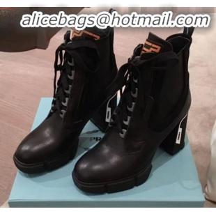 Good Quality Prada Contrasting Leather Lace-up High-Heel Short Boots P01251 Black/White