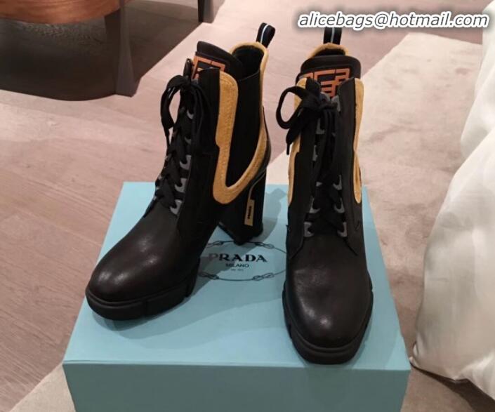 Good Product Prada Contrasting Leather Lace-up High-Heel Short Boots P01251 Black/Yellow