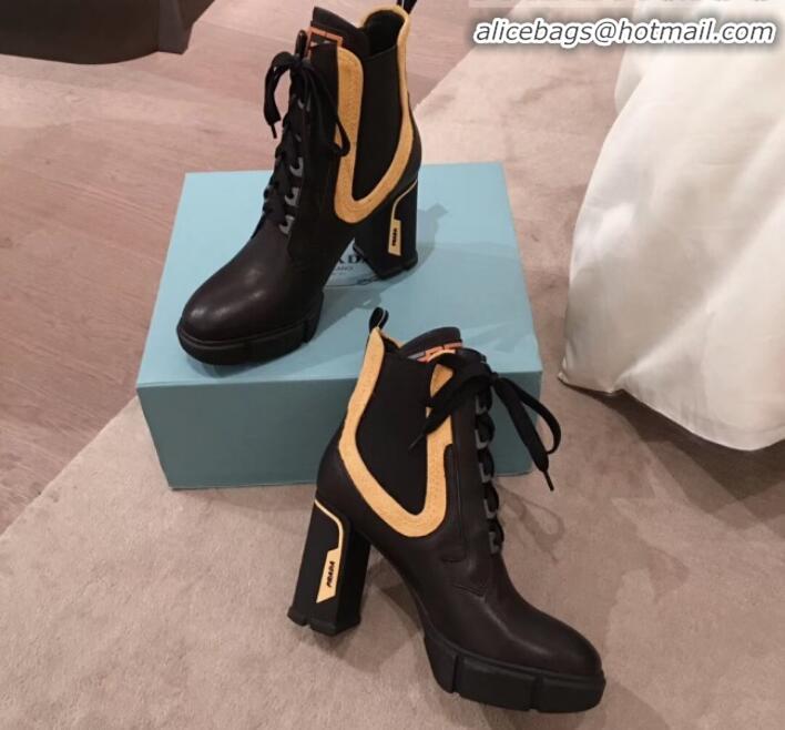 Good Product Prada Contrasting Leather Lace-up High-Heel Short Boots P01251 Black/Yellow