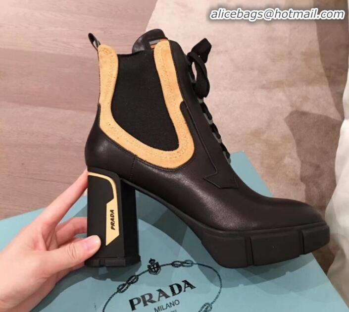 Good Product Prada Contrasting Leather Lace-up High-Heel Short Boots P01251 Black/Yellow