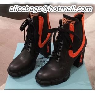 Shop Duplicate Prada Contrasting Leather Lace-up High-Heel Short Boots P01251 Black/Orange