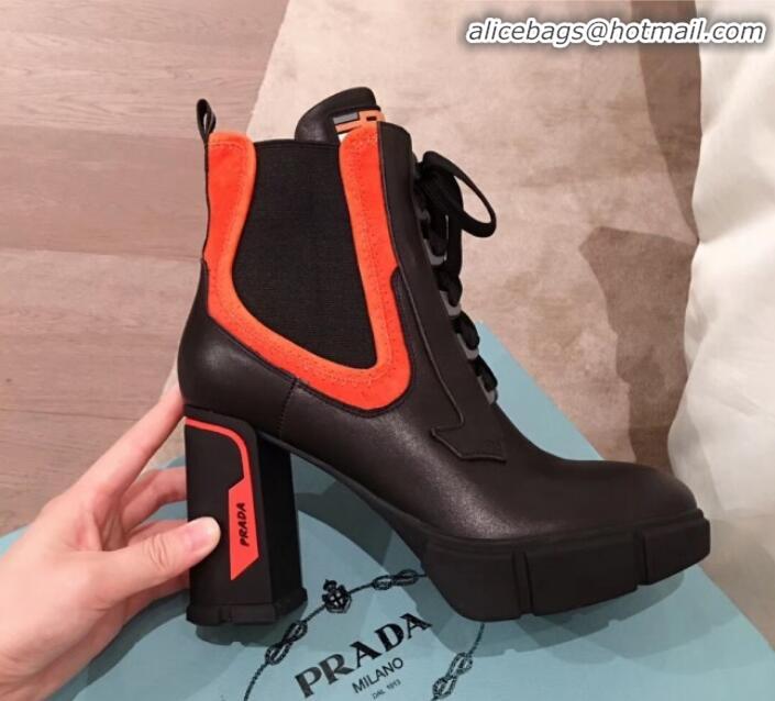 Shop Duplicate Prada Contrasting Leather Lace-up High-Heel Short Boots P01251 Black/Orange