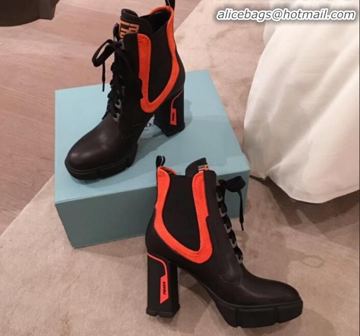 Shop Duplicate Prada Contrasting Leather Lace-up High-Heel Short Boots P01251 Black/Orange