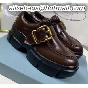 Top Design Prada Calfskin Buckle Platform Loafers P13023 Brown 2020