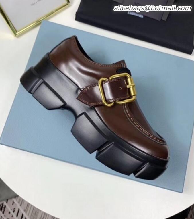 Top Design Prada Calfskin Buckle Platform Loafers P13023 Brown 2020