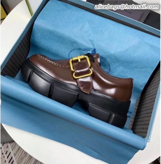 Top Design Prada Calfskin Buckle Platform Loafers P13023 Brown 2020