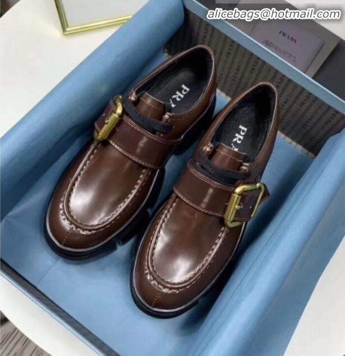 Top Design Prada Calfskin Buckle Platform Loafers P13023 Brown 2020