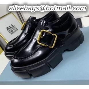 Top Quality Prada Glossy Leather Buckle Platform Loafers P13023 Black 2020