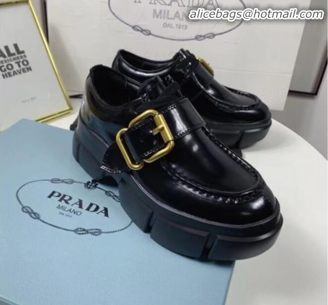 Top Quality Prada Glossy Leather Buckle Platform Loafers P13023 Black 2020