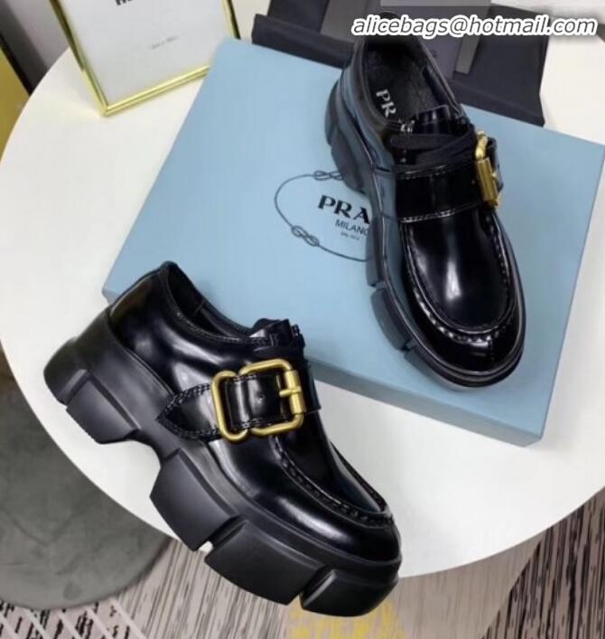 Top Quality Prada Glossy Leather Buckle Platform Loafers P13023 Black 2020