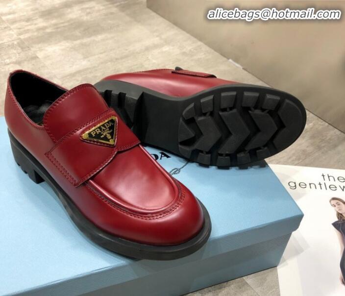 Good Looking Prada Calfskin Logo Loafers P22338 Burgundy 2020