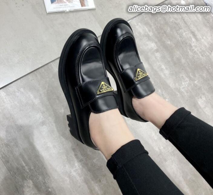 Low Price Prada Calfskin Logo Loafers P22338 Black 2020