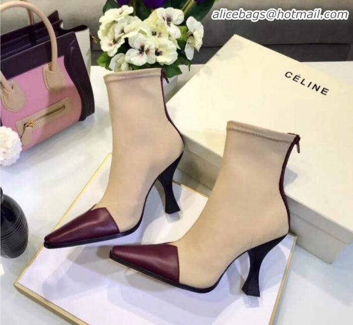  Luxury Cheap Celine Madame Ankle Boot in Calfskin and Gros Grain Stretch C42414 Beige/Burgundy