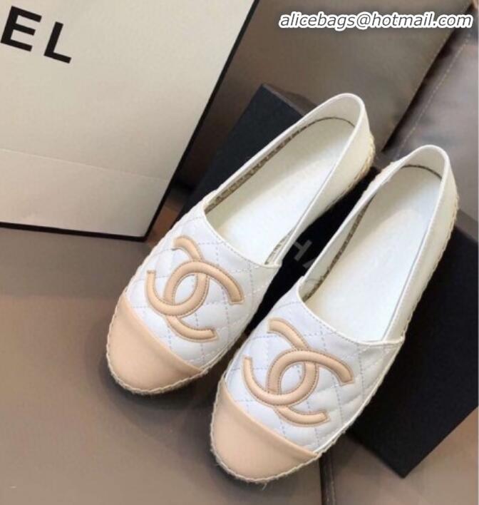 Good Quality Chanel Quilted Calfskin Flat Espadrilles G29762 White/Beige 2020