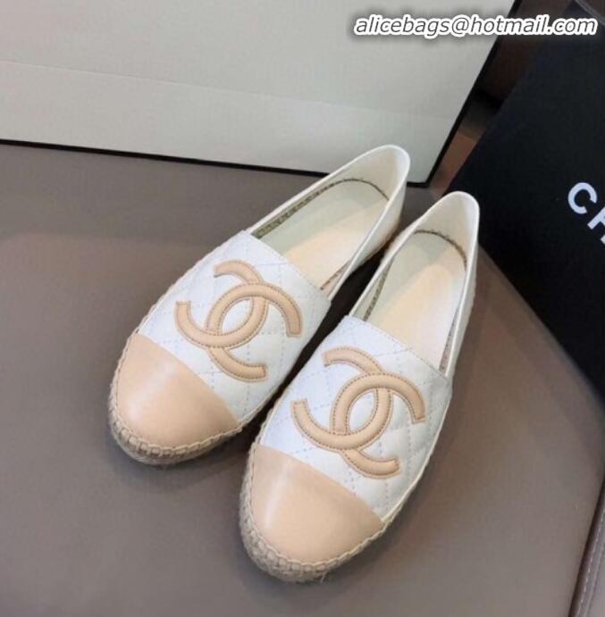 Good Quality Chanel Quilted Calfskin Flat Espadrilles G29762 White/Beige 2020