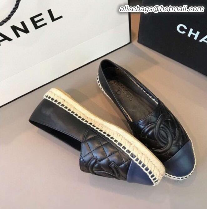 Cheap Price Chanel Quilted Calfskin Flat Espadrilles G29762 Black/Navy Blue 2020