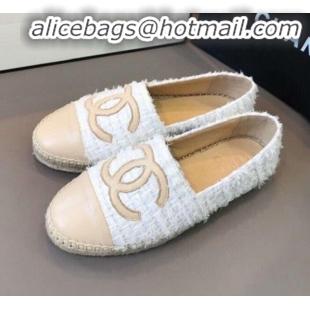 Unique Grade Chanel Tweed Flat Espadrilles G29762 White/Beige 2020