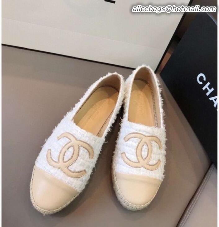 Unique Grade Chanel Tweed Flat Espadrilles G29762 White/Beige 2020