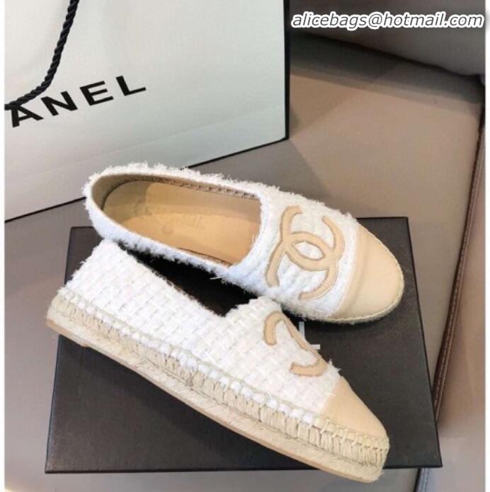 Unique Grade Chanel Tweed Flat Espadrilles G29762 White/Beige 2020