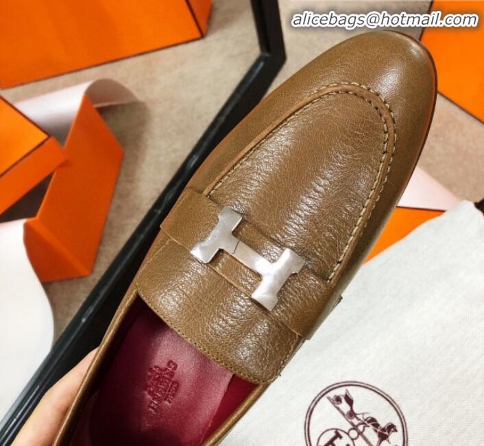 Best Design Hermes Paris Lambskin Flat Loafers H30710 Brown 2020