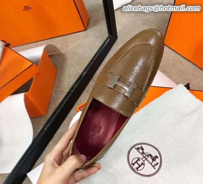 Best Design Hermes Paris Lambskin Flat Loafers H30710 Brown 2020