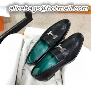 Best Design Hermes Paris Lambskin Flat Loafers H30710 Black/Green 2020