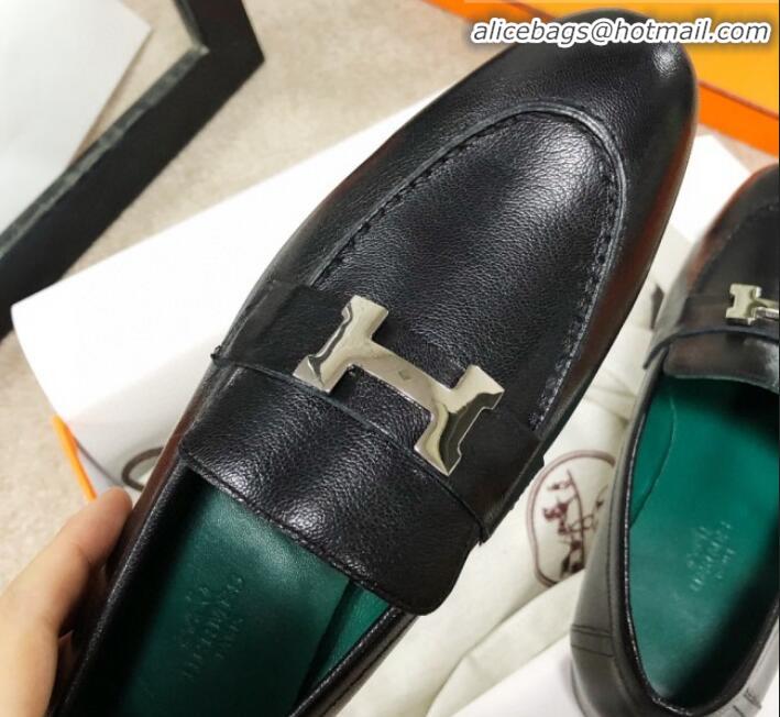 Best Design Hermes Paris Lambskin Flat Loafers H30710 Black/Green 2020