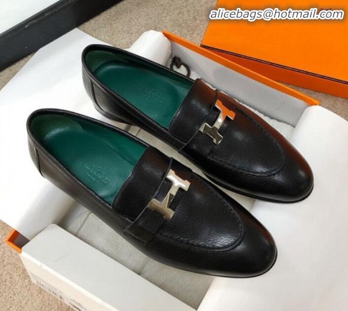 Best Design Hermes Paris Lambskin Flat Loafers H30710 Black/Green 2020